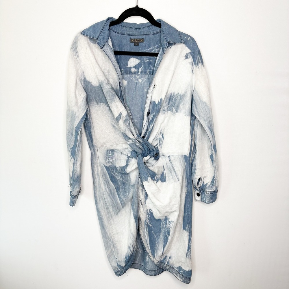 Kroix‎ Blue Acid Wash Bleached Knot Front Cotton Chambray Shirt Dress Size 1X